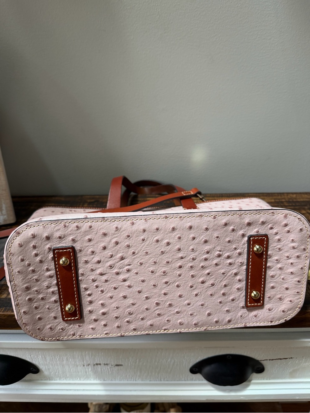 Dooney & Bourke Blush Ostrich-Embossed Tote with Brown Trim and Strap - Picture 9 of 12